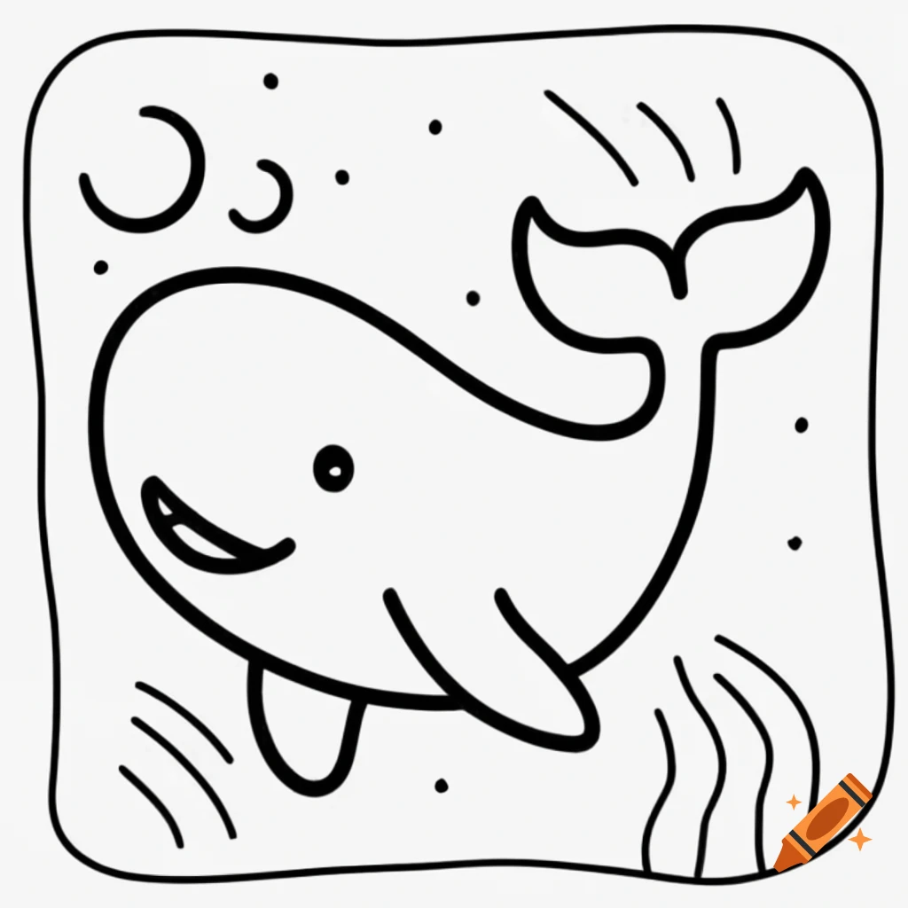 Happy sperm whale in black and white line-style art