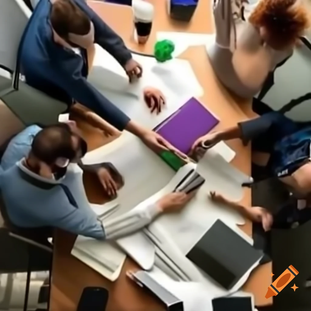Group of five people discussing project plans around table