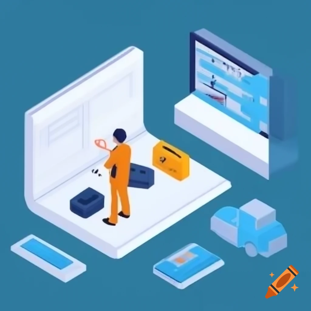 Isometric illustration for web platform welcoming new users, featuring payment services for craftsmen and architects