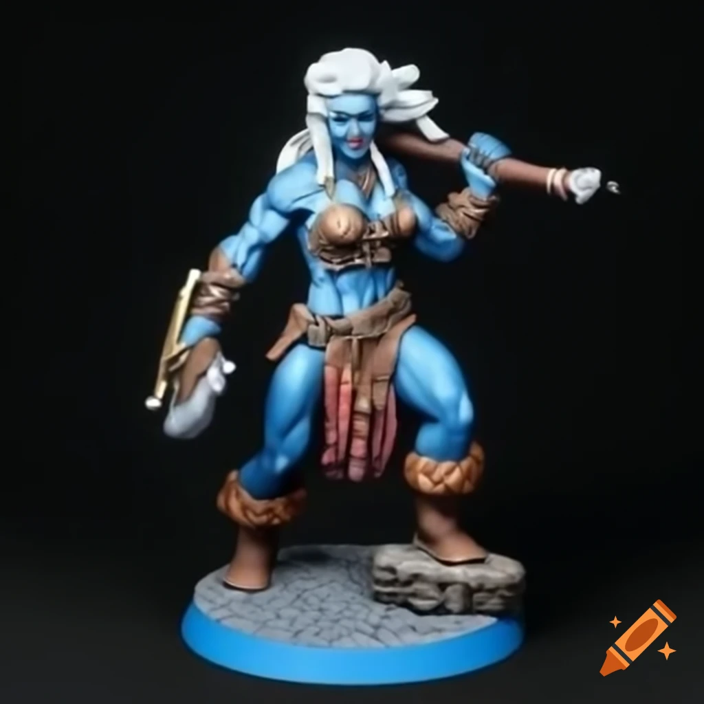Tabletop miniature of a frost giant female barbarian with blue skin and braided white hair