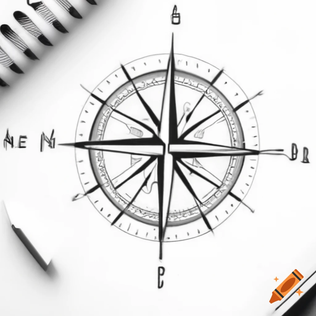 Cartoon sketch of a compass rose with variable line weight in black and white