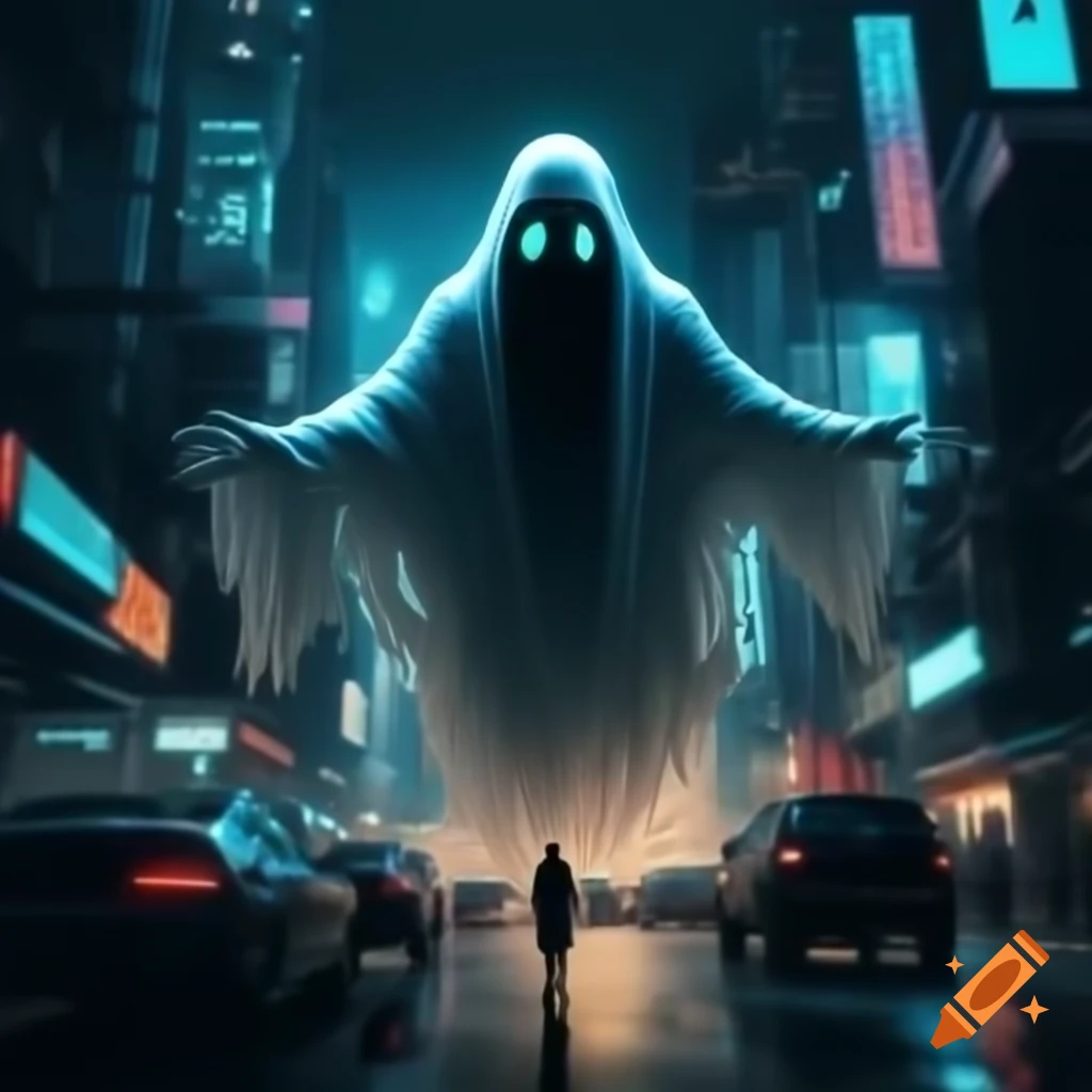 Ghostly apparition in night-time cyberpunk city skies