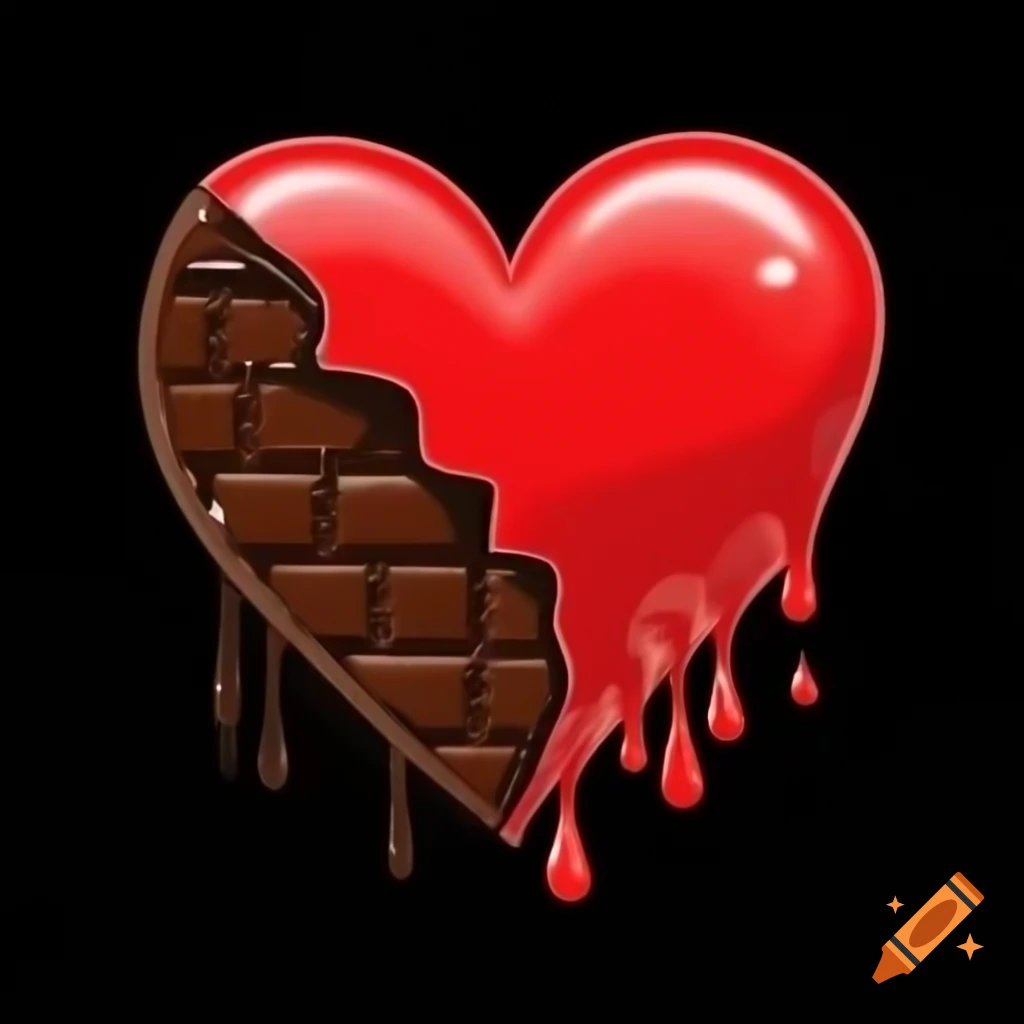 2D graphic of a red heart with a bitten corner and chocolate droplets, text 'Love Bites' on black background