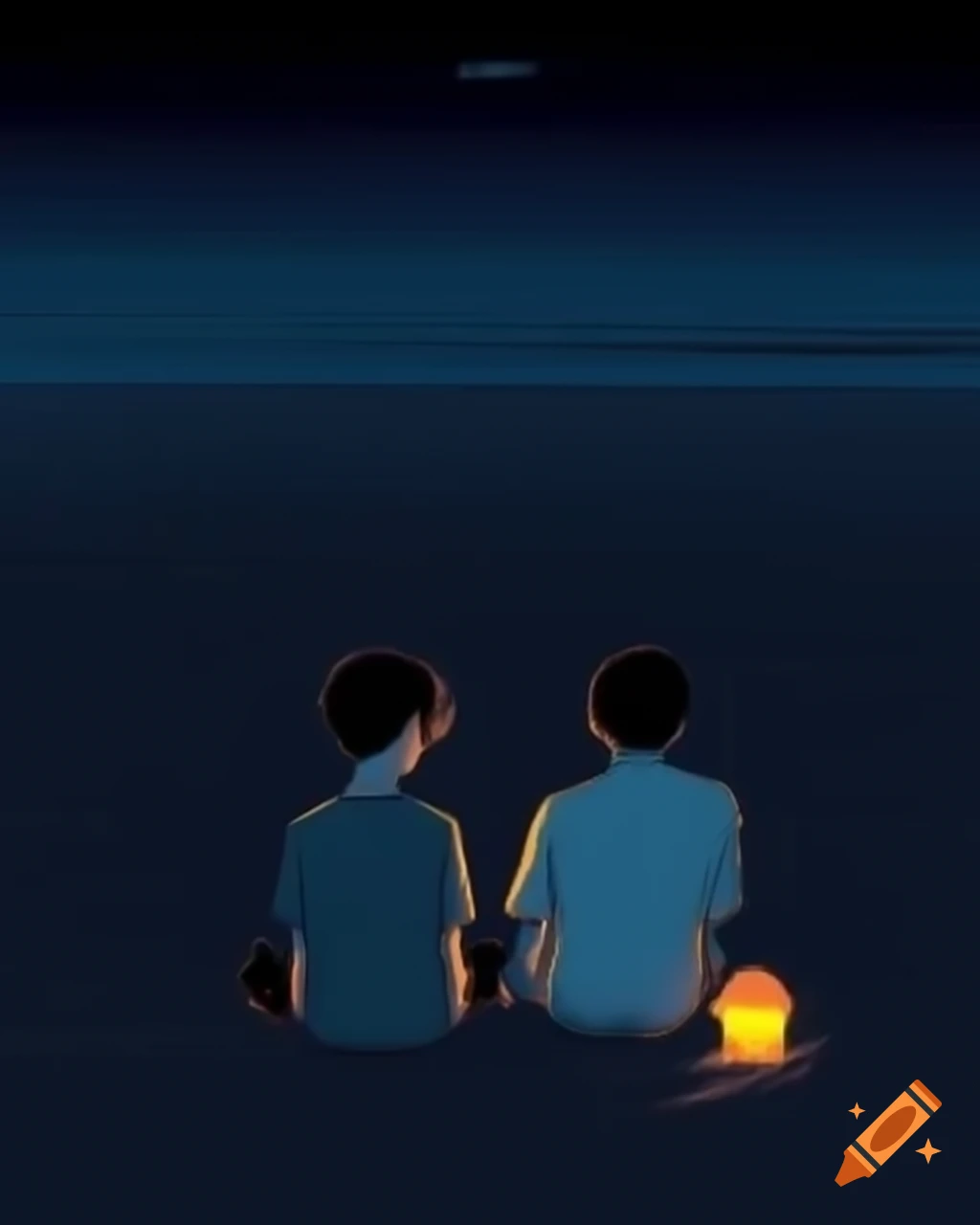 Man and boy sitting together under dark night sky with warm light between them