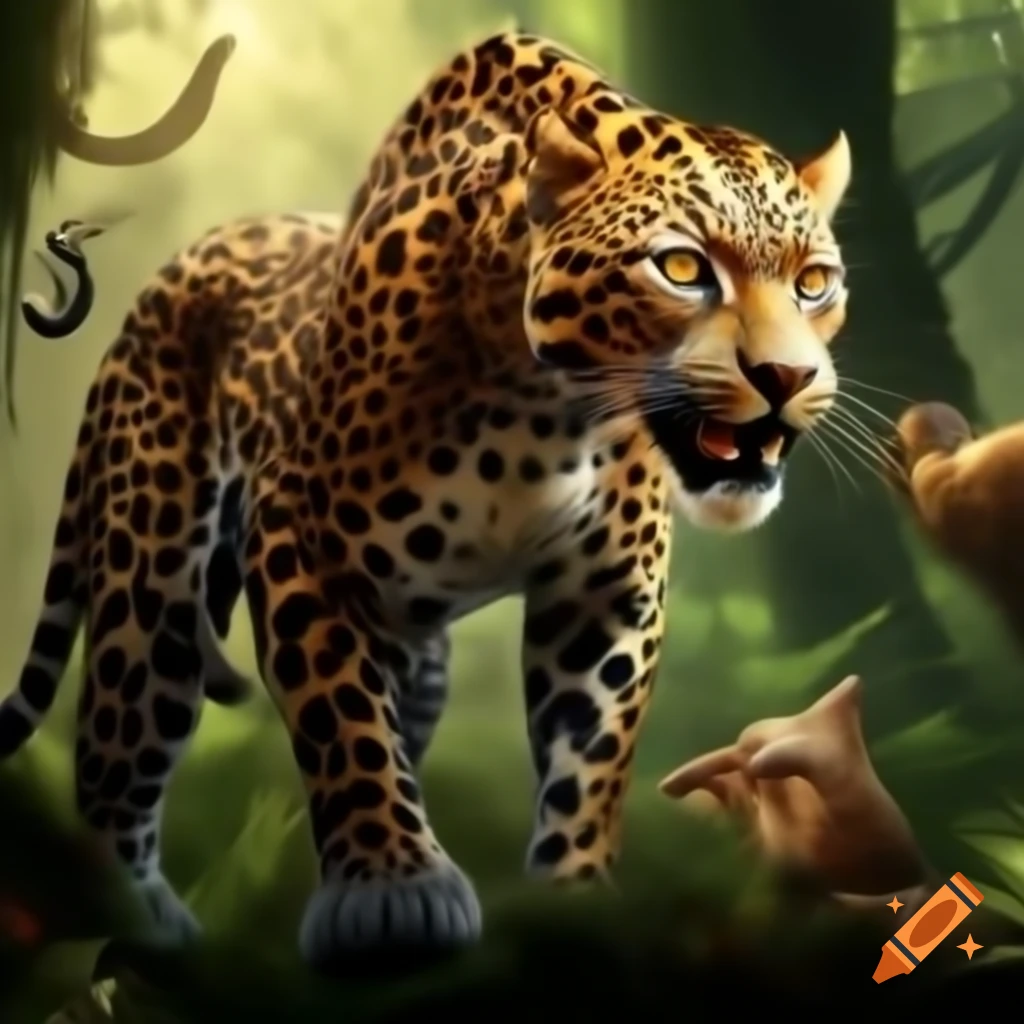 Majestic leopard with sharp claws in lush forest, surrounded by animals