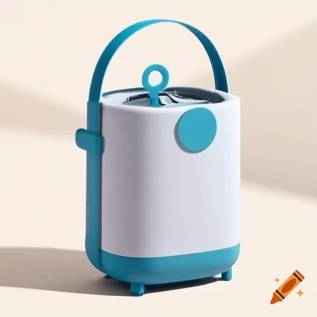 Mini portable washing machine with handle, hanging from traveler's backpack