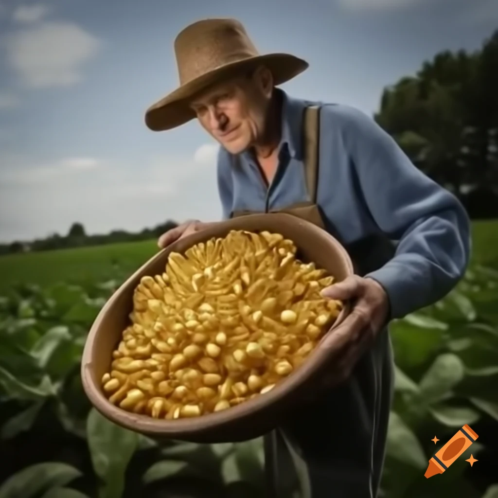 Farmer with gold and money, symbolizing agricultural wealth