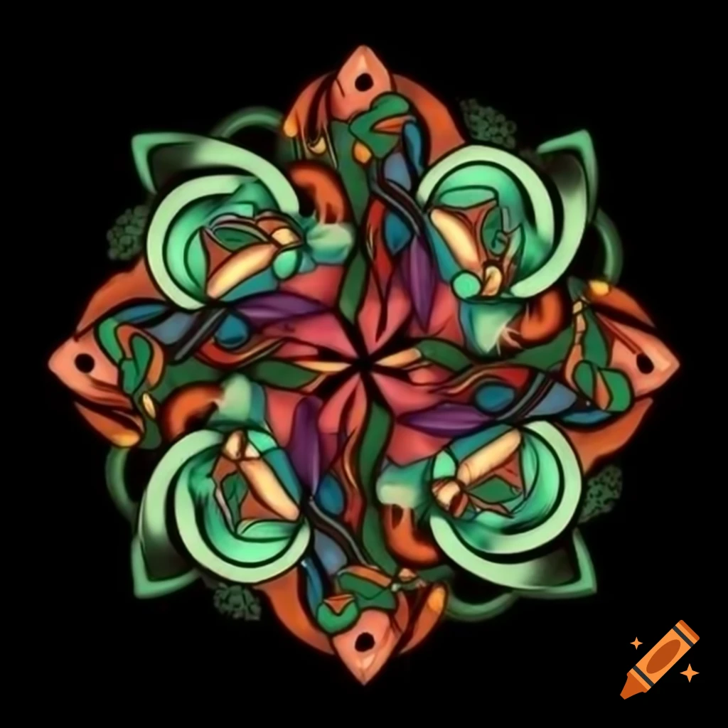 Whimsical cartoon art with intricate Celtic knotwork in vibrant colors