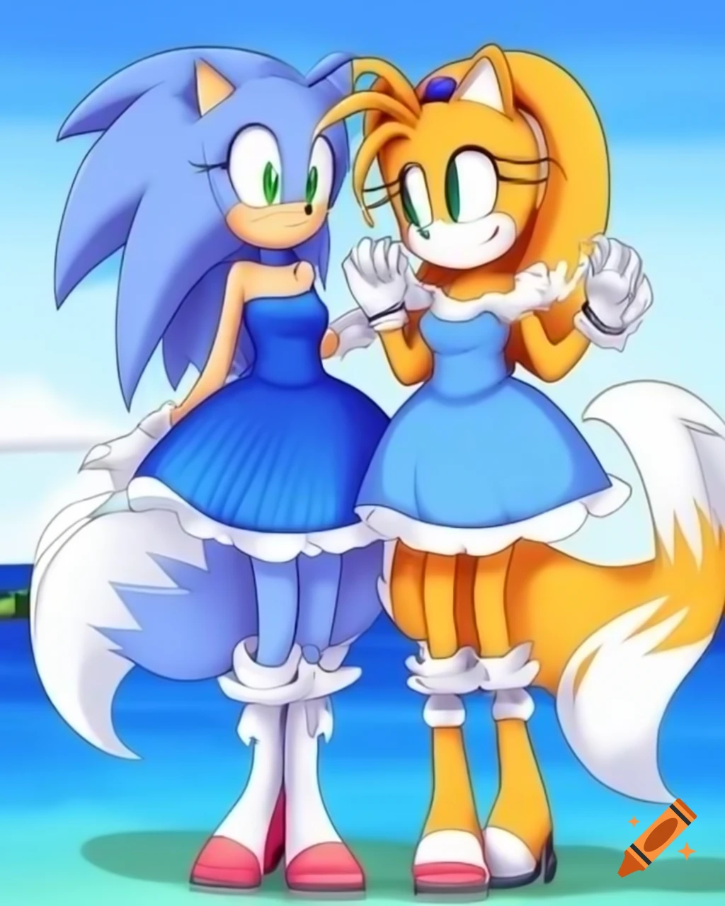 Sonic and female tails in blue glittery dress at seaside resort on Craiyon