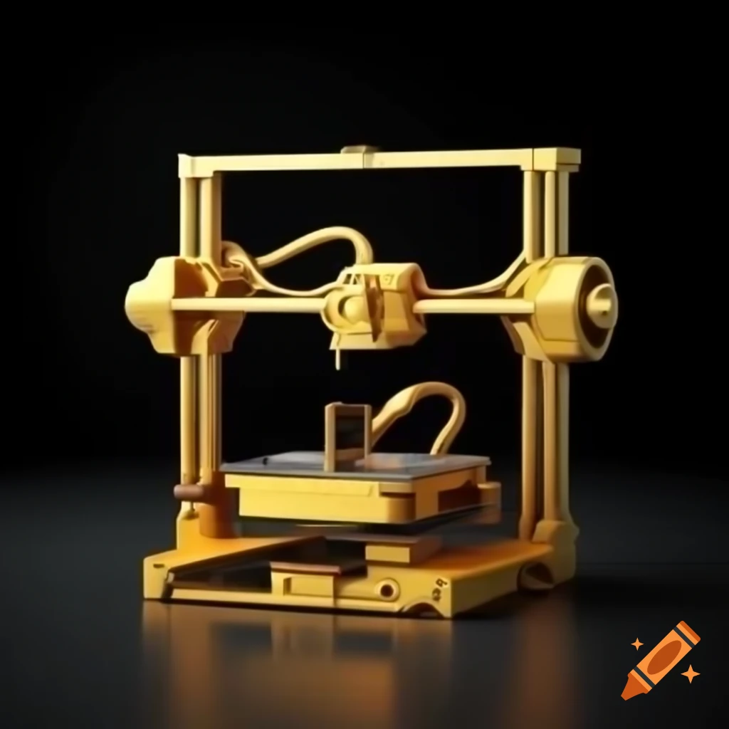Golden 3D printer on black background