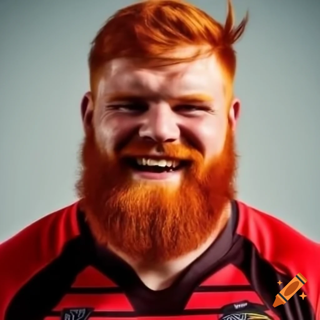 Smiling redhead male rugby player with a beard