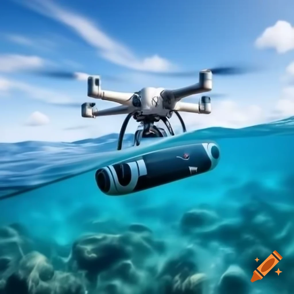 Drone releasing submersible robot over clear ocean and sky