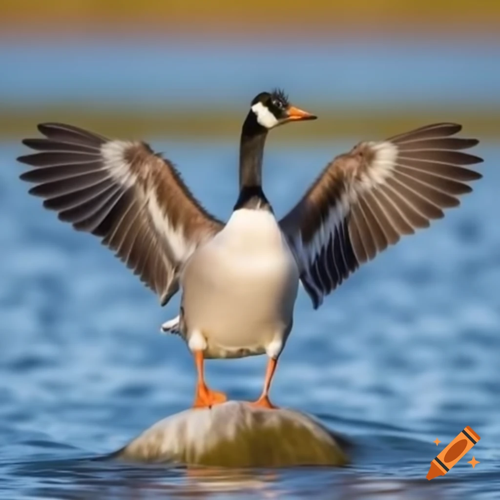 Canadian goose with outstretched wings and Canada flag on chest standing on rock in water