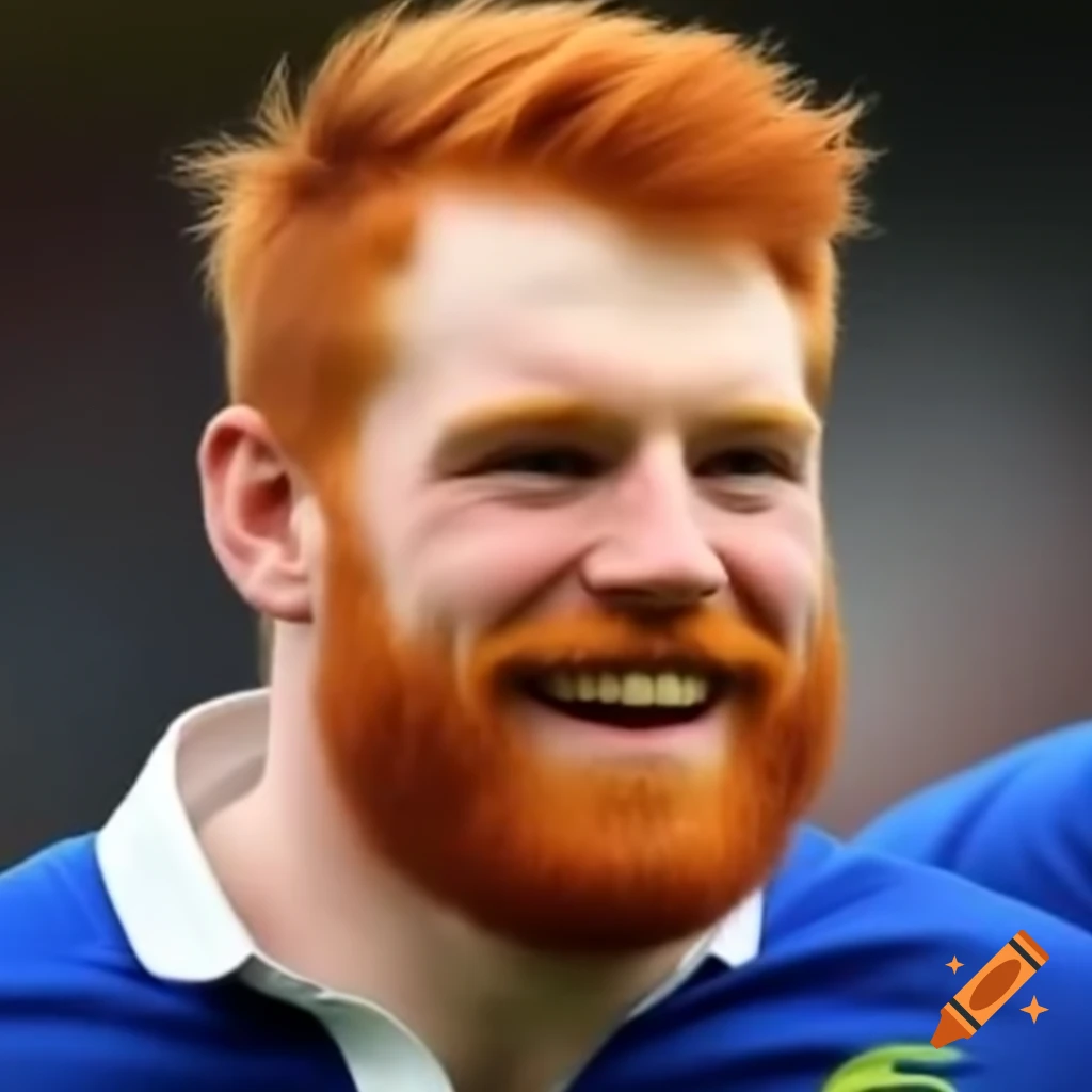 Smiling redhead male rugby player with beard