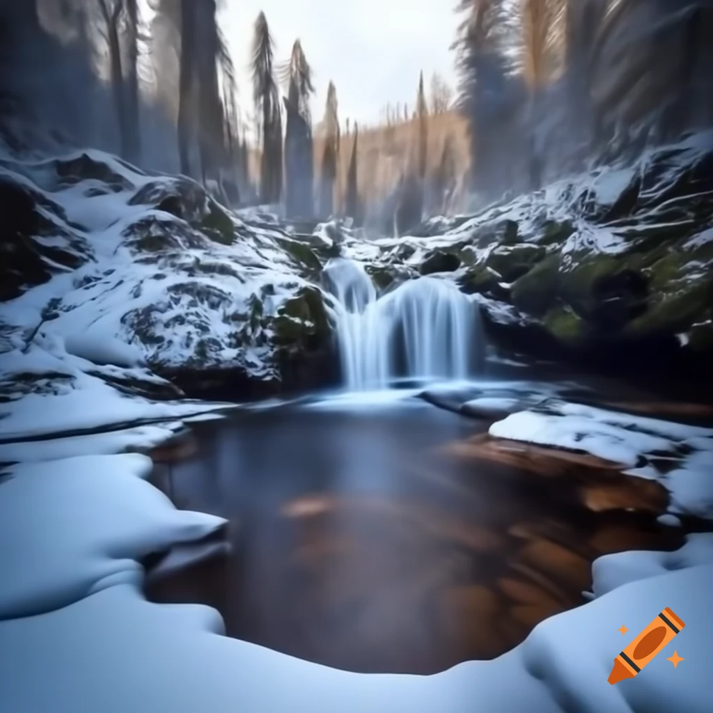 Small waterfall cascading into pool in snow-covered northern forest