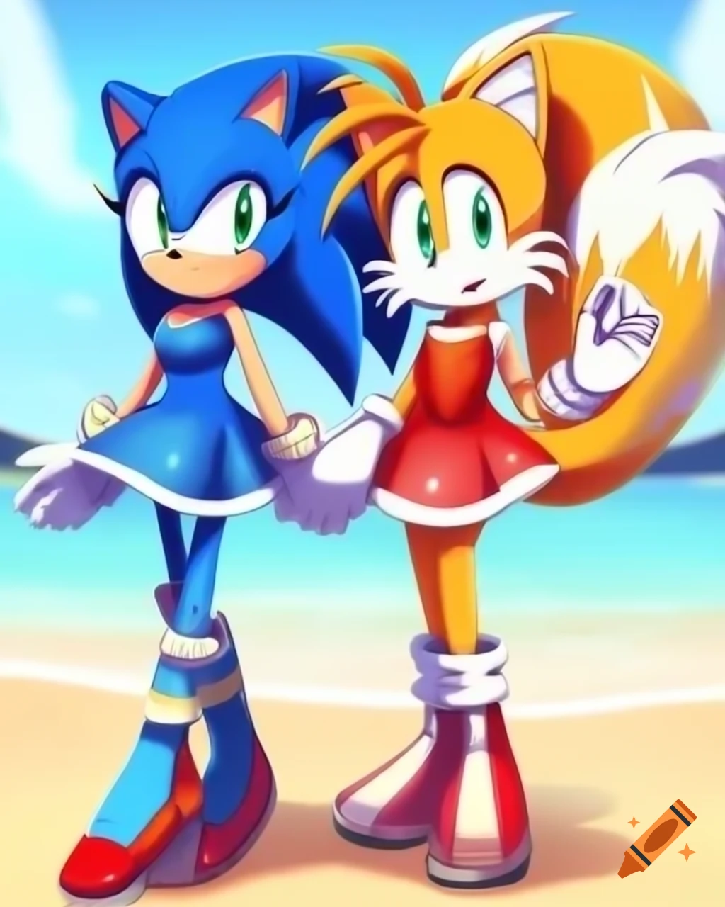 Sonic and female Tails in blue glittery dress at seaside resort on Craiyon