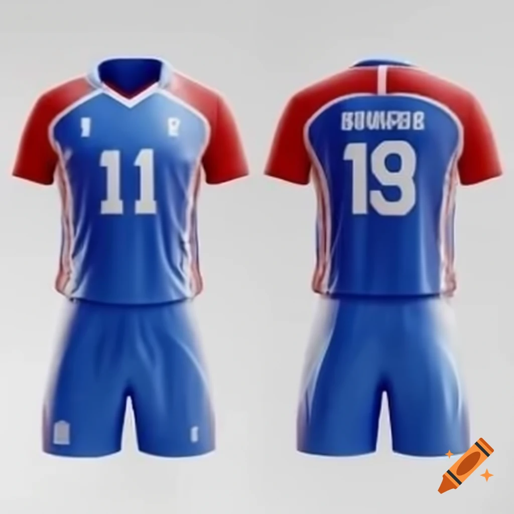 Short-sleeved volleyball jersey template in blue, red, and white with team crest
