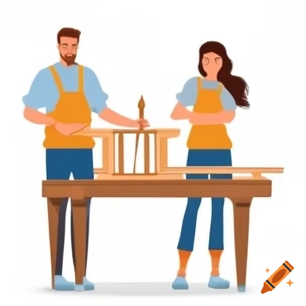 Master carpenter and female apprentice beside their exquisite woodwork creation
