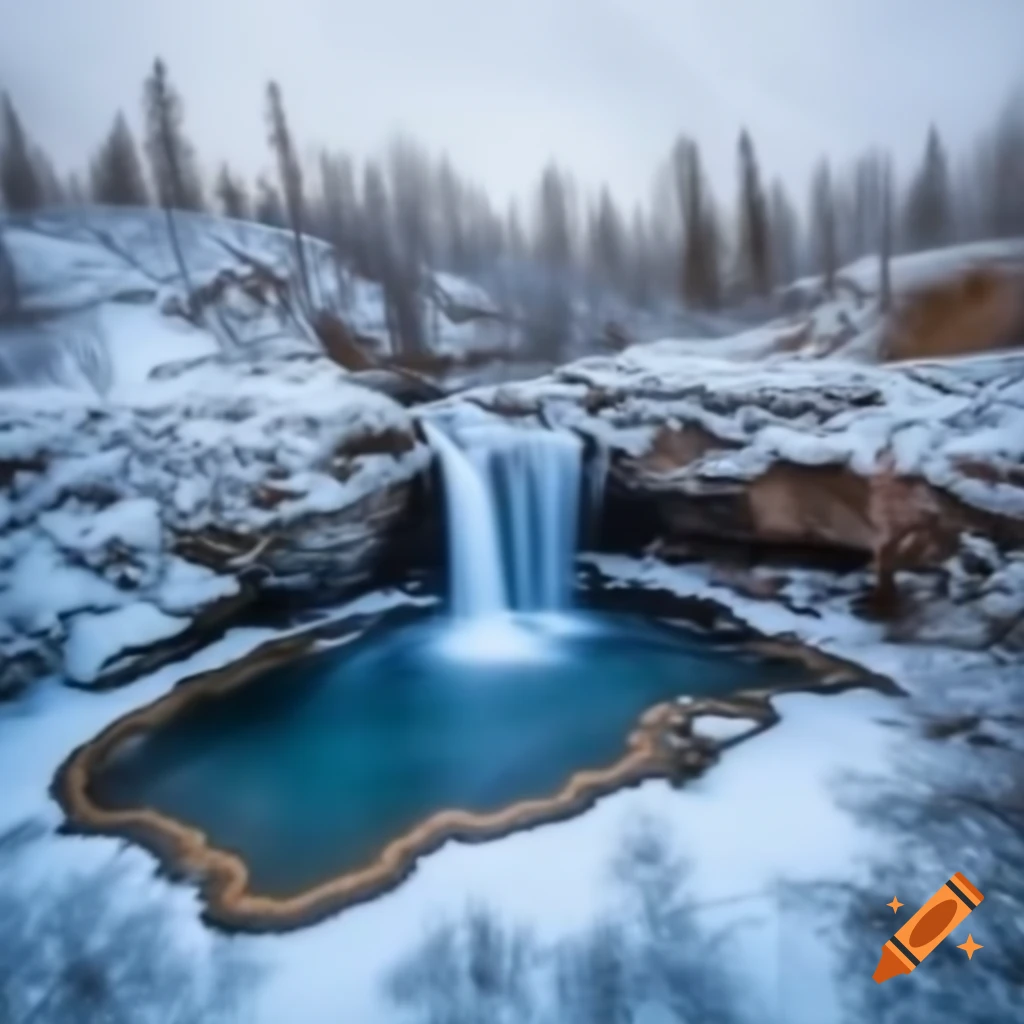 Small waterfall cascading into a pool in a snow-covered landscape