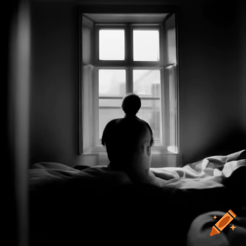 Man sitting on bed gazing at light through window