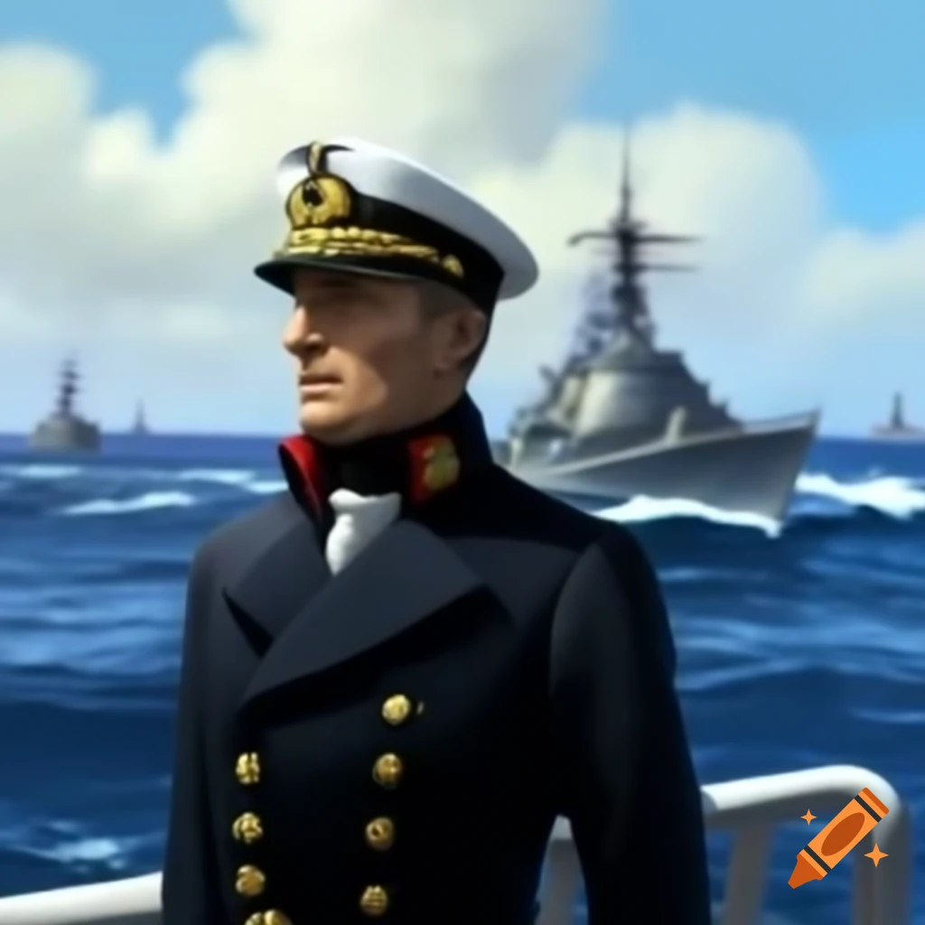 French naval officer in uniform overlooking ocean with frigates