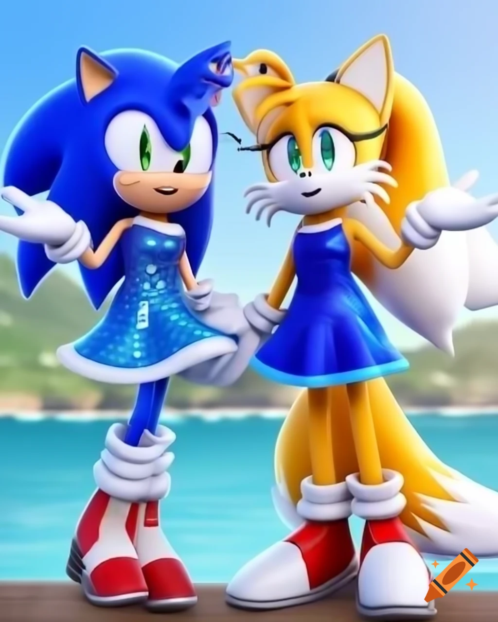 Sonic and female Tails character in blue glittery dress at seaside ...