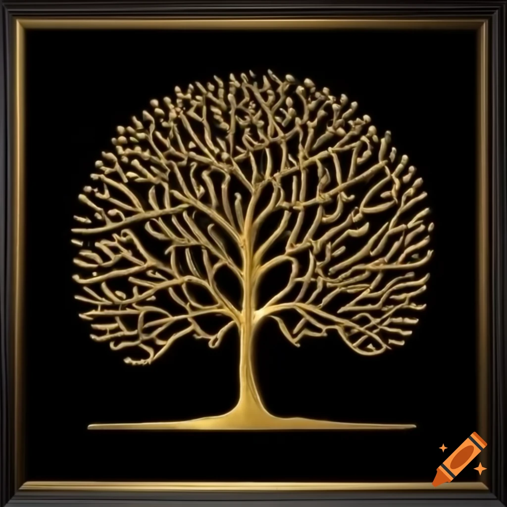 Golden metal tree on black background