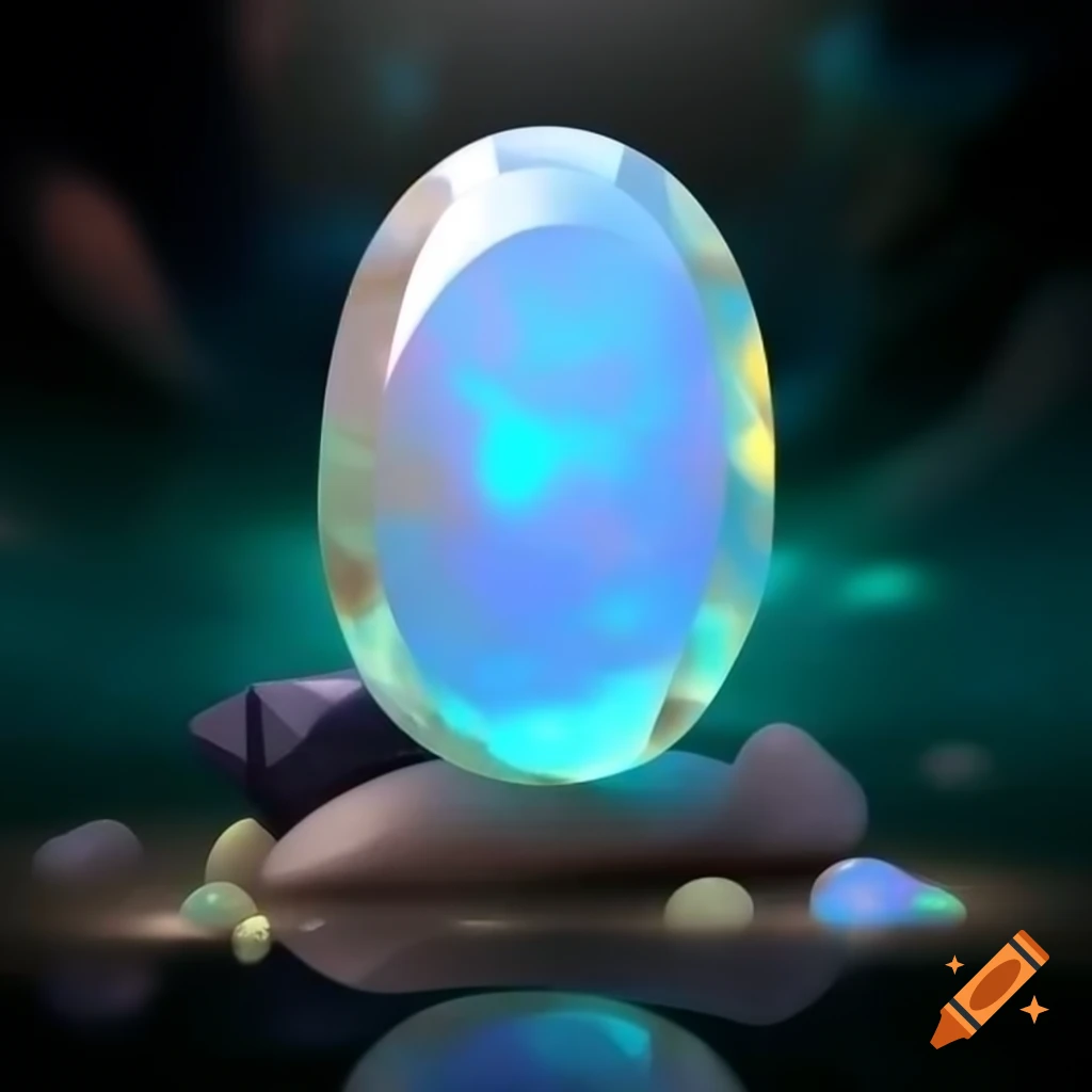 Oval cut opal gemstone surrounded by rocky ore with mystical background