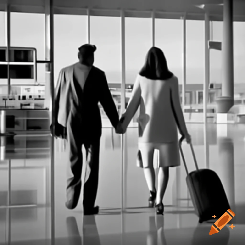 Man and woman carrying luggage walking through airport hallway on Craiyon