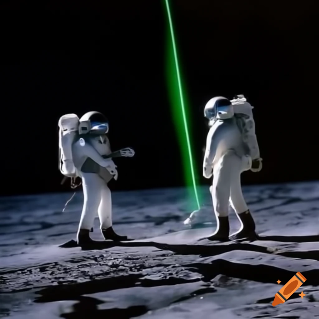 Two astronauts with a telescope on the Moon, green laser beam aiming at the sky and Earth visible