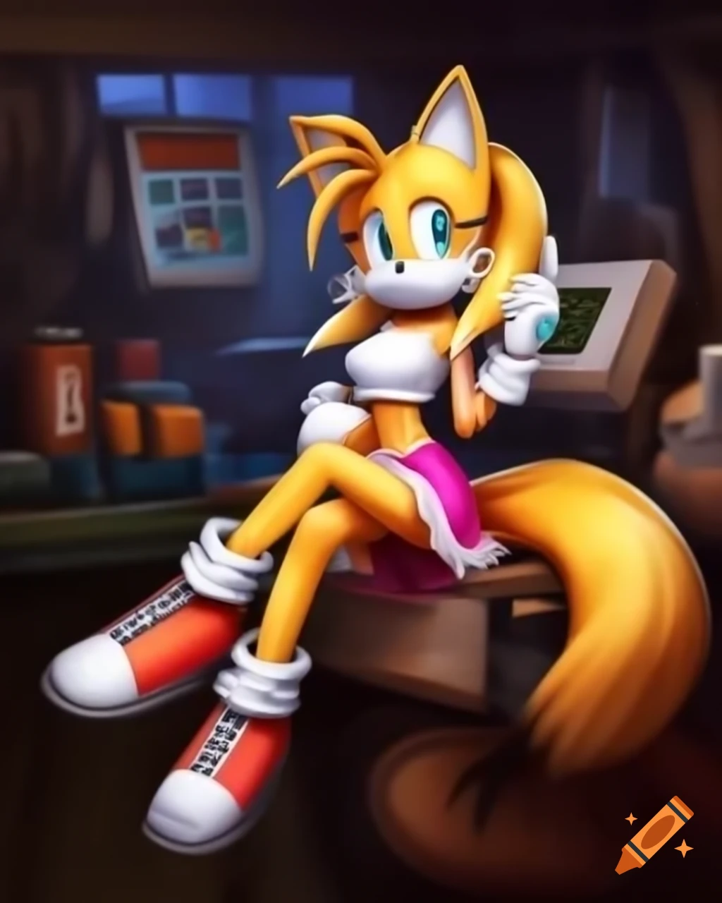 Female Tails character from Sonic the Hedgehog in workshop with machine ...