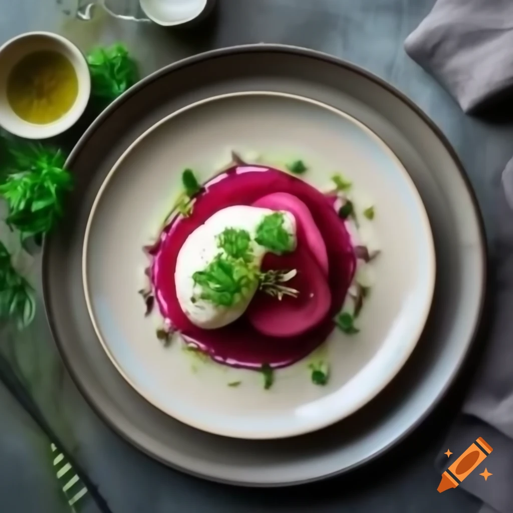 Realistic plate design with beet tartare, green apple, goat cheese mousse, and parsley oil