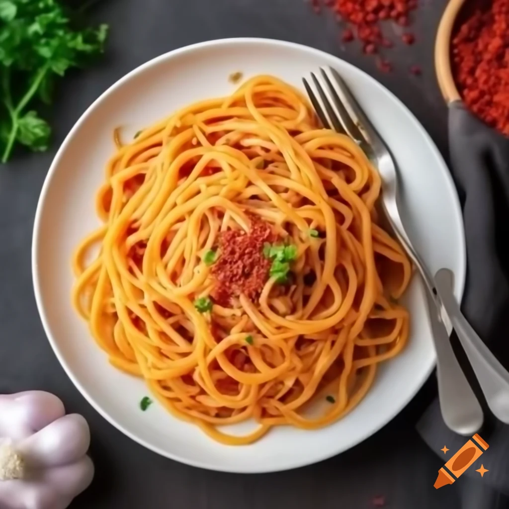 Plate of spaghetti aglio e olio with garlic, red pepper flakes, and parsley