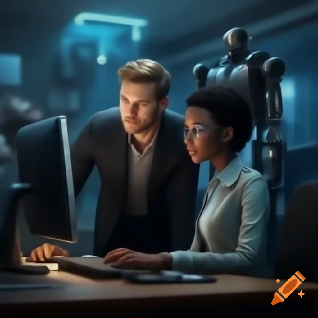 Caucasian male and black woman collaborating with computer and robot in background