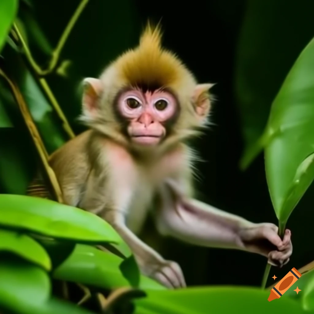 Small monkey in the middle of a lush jungle
