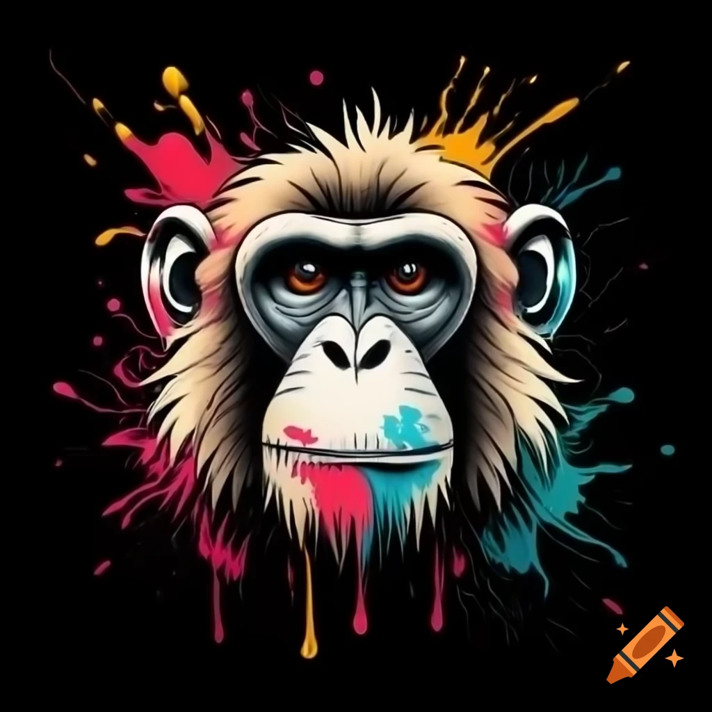 Watercolor portrait of a monkey with ink color splash effect