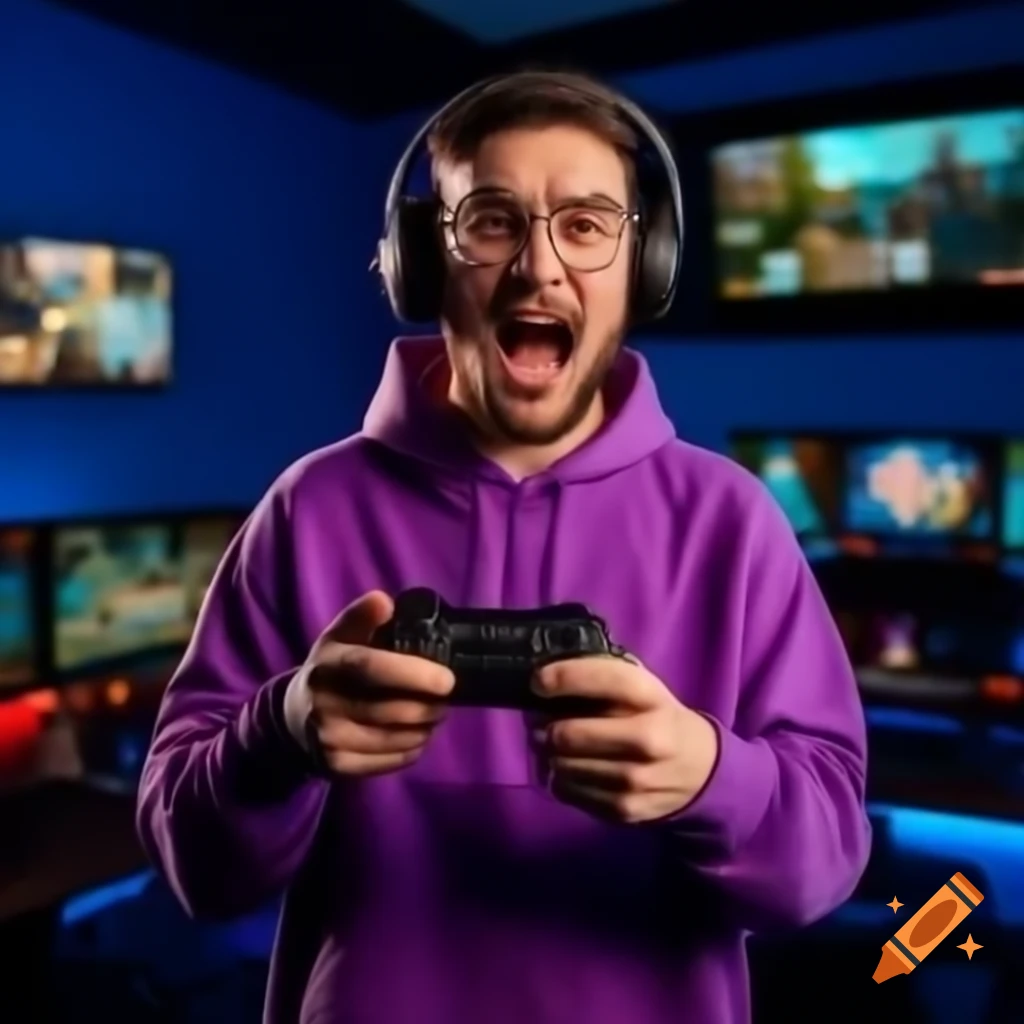 Enthusiastic individual surrounded by a collection of video games