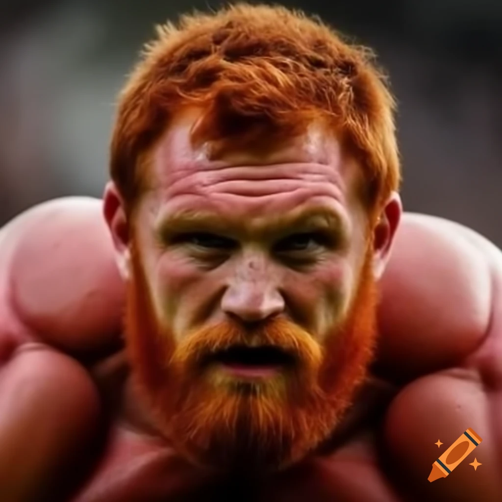 Beefy redhead rugby player with a kind face and short beard