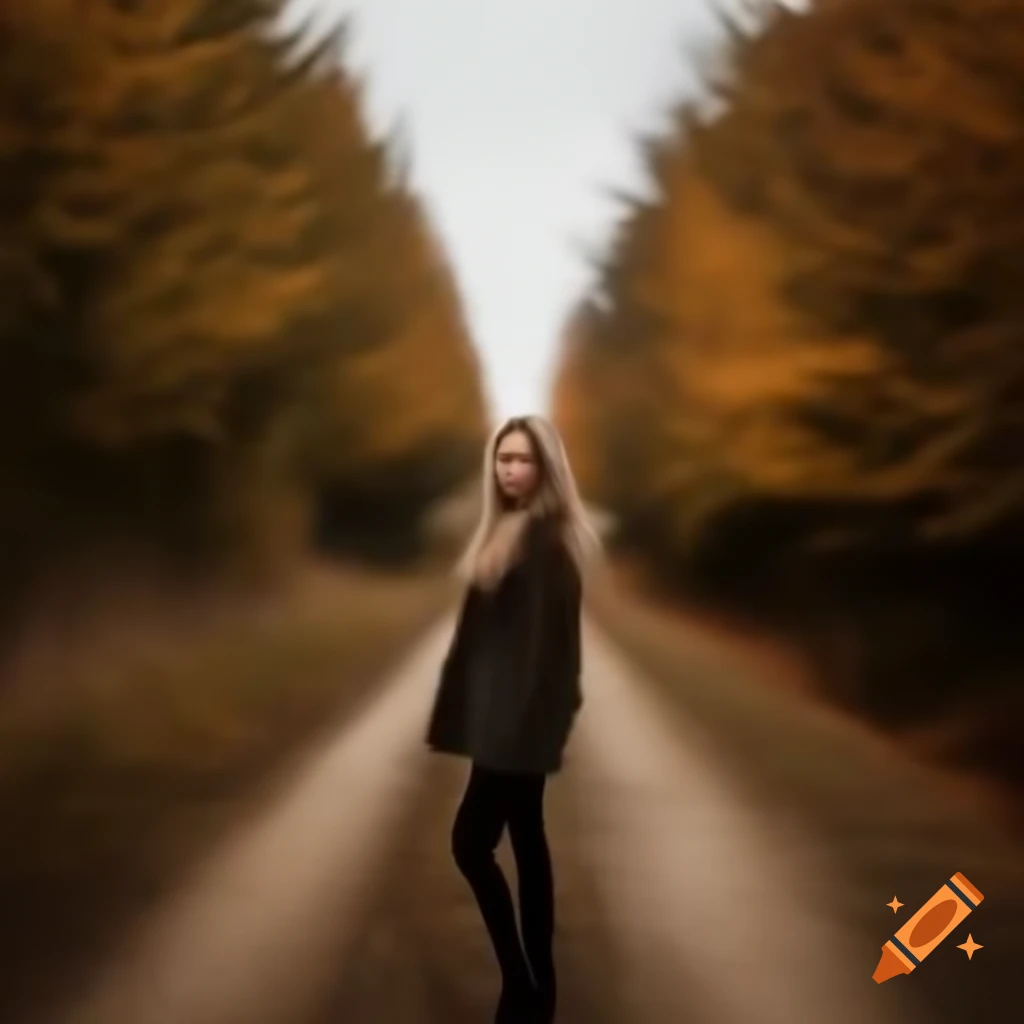 Beautiful woman standing on autumn dirt road flanked by trees