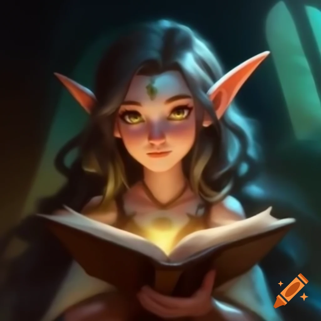 Young elf with long hair holding ornate book, surrounded by a serene ...