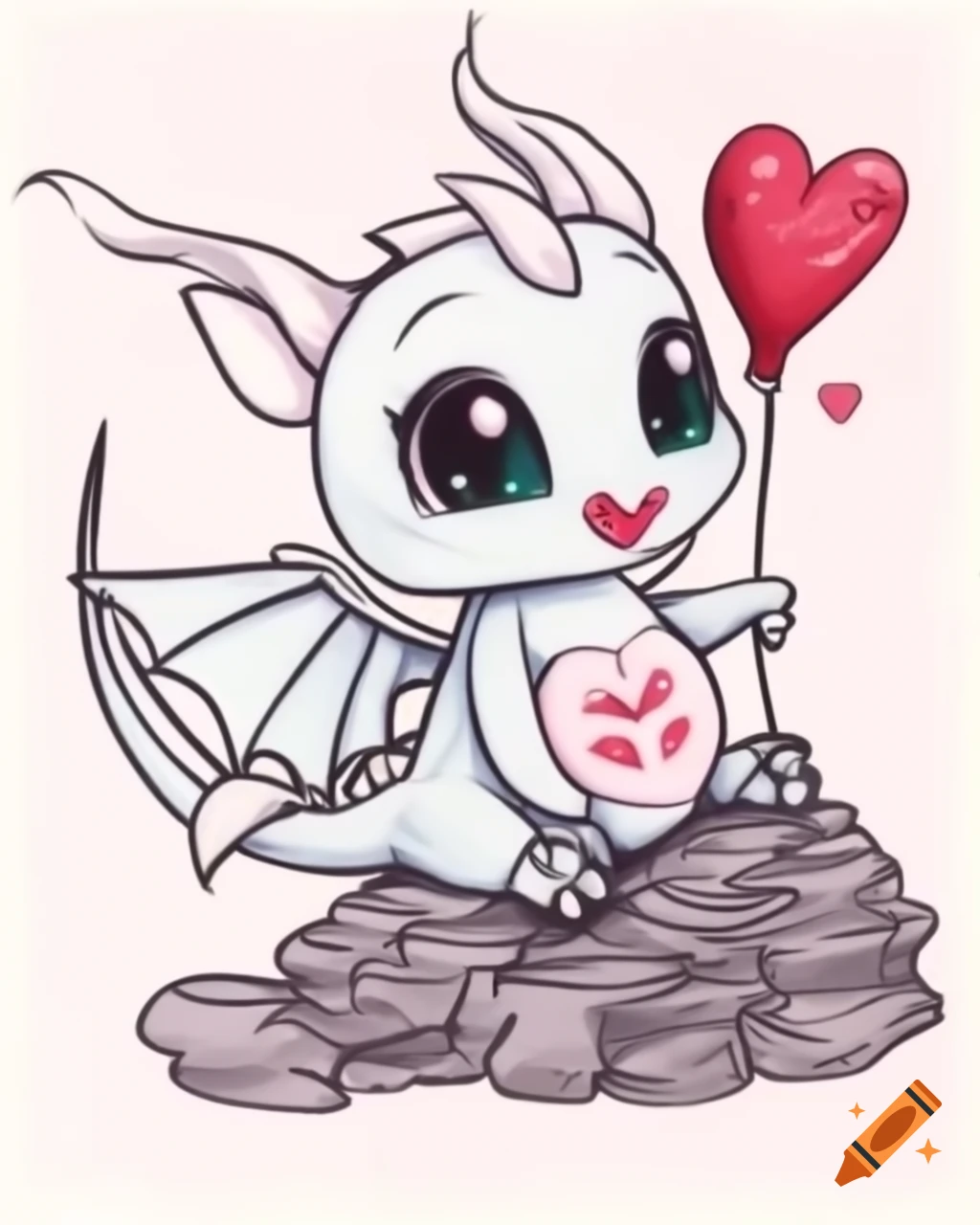 Cute dragon with heart-shaped balloon sitting on Valentine's Day treasures