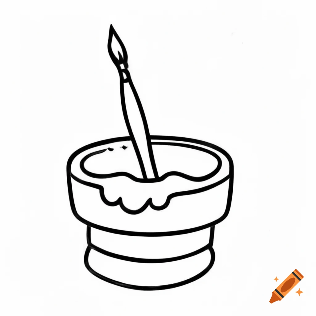 Bold line art of cup containing paint brushes for coloring book