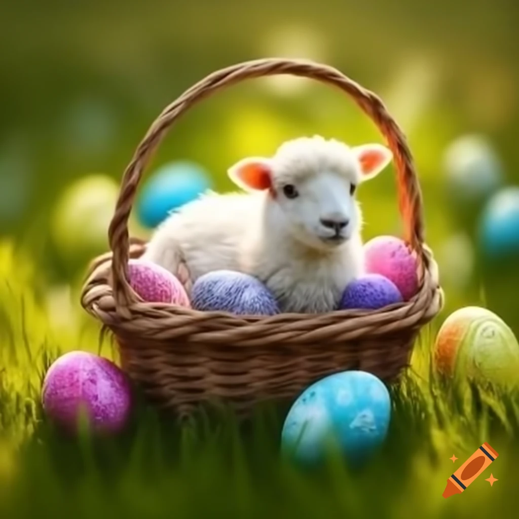 Wicker basket with colorful Easter eggs in spring grass with fluffy sheep