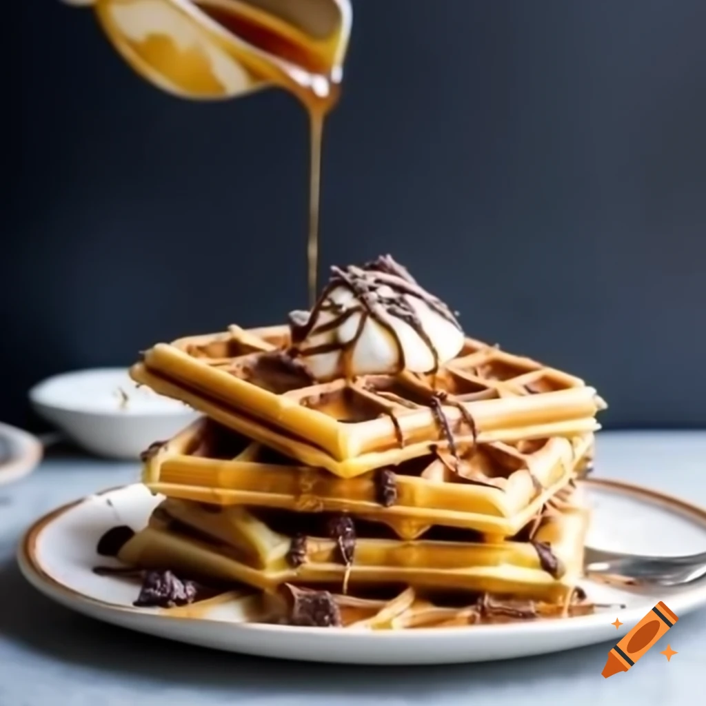 Stack of waffles with whipped cream, chocolate chips, and maple syrup beside scrambled eggs