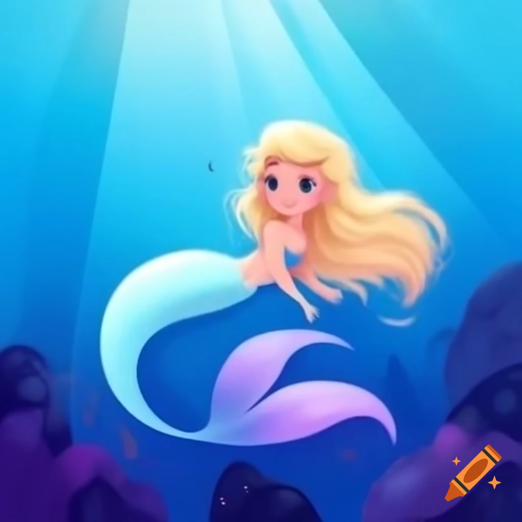 Vintage mermaid with blonde hair and purple fins swimming gracefully