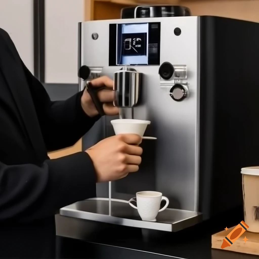 Technician in black suit repairing white DeLonghi coffee machine