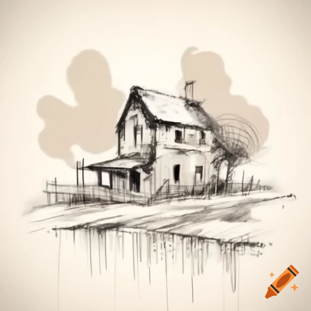 Atmospheric ink sketch of weathered country house with rain on windows