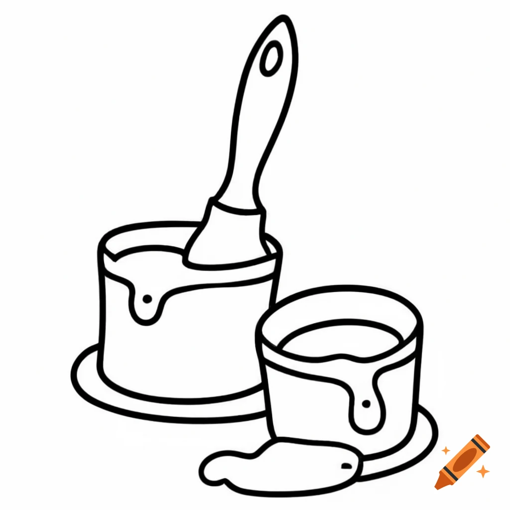Bold line art of cup containing paint brushes for coloring book