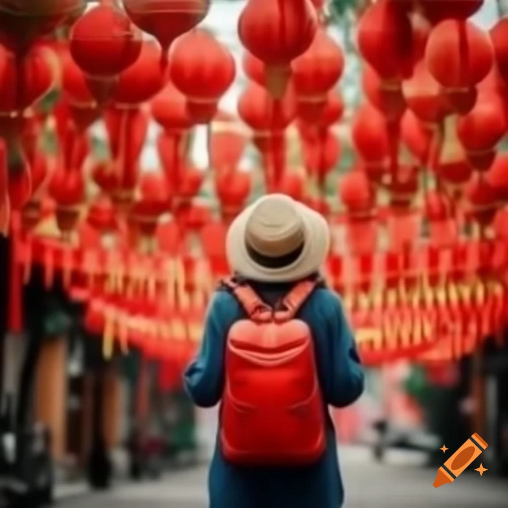 Tet celebration with colorful decorations and a backpack