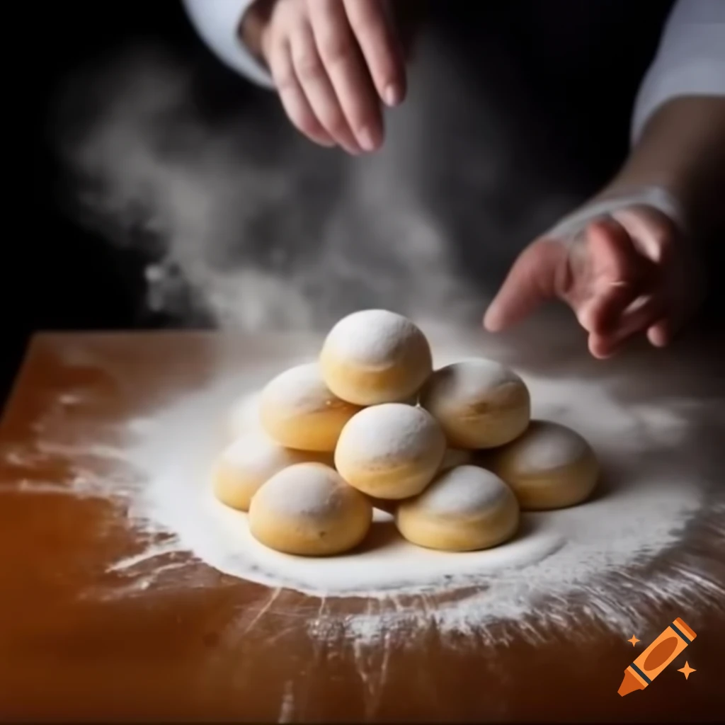 Whimsical pastry art with hands making cream puffs and vibrant flour swirl